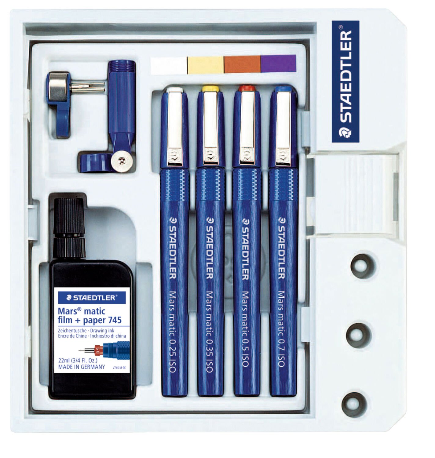 Set containing 4  technical pens, line width 0.25, 0.35, 0.5, 0.7, compass adapter, drawing ink bottle 745 R-9 and template attachment for simplifying work with templates