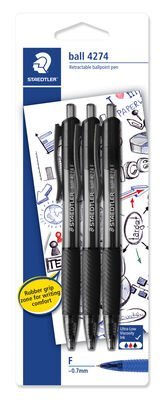 Ball 4274 - Retractable Ballpoint Pen Blistercard containing 3 ballpoint pens 0.7 mm, black