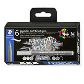 Cardboard box containing 6 fibre-tip pens with soft brush nib in assorted colours