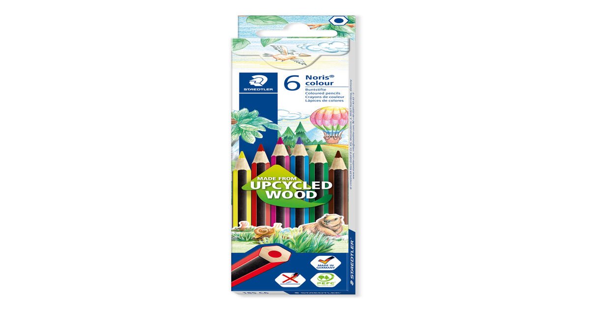 Set of 12 Colouring Pencils in White Made in Germany. Increased Tip Strength Hexagon PEFC-Wood DIN EN71 Stripes Design Staedtler 185-0 Colour Pencils WOPEX Material Noris Colour