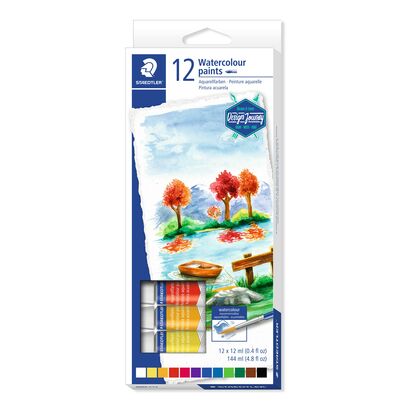 Cardboard box containing 12 watercolour paints in assorted colours