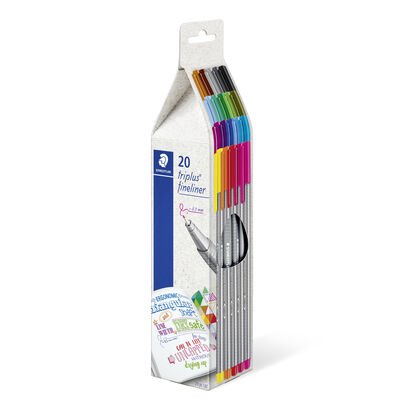 Plastic free carton packaging with 20 triplus fineliner in assorted colours