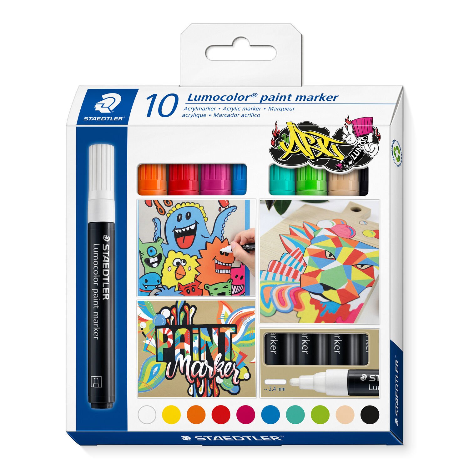 Cardboard box "Lumocolor ART" containing 10 Lumocolor paint marker in assorted colours