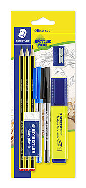 Blistercard containing 3 graphite pencils, 2 ballpoint pens, 1 marker, 1 eraser and 1 sharpener