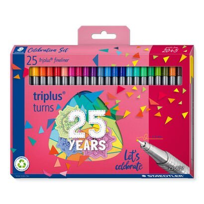 Cardboard box containing 25 triplus fineliner in assorted colours, triplus anniversary