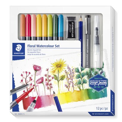 Cardboard box containing 8 double-ended watercolour brush pens in assorted colours, 1 pigment liner, 1 watercolour drawing pencil, 1 water brush and 1 eraser