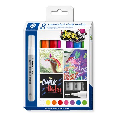 Cardboard box "Lumocolor ART" containing 8 Lumocolor chalk marker in assorted colours
