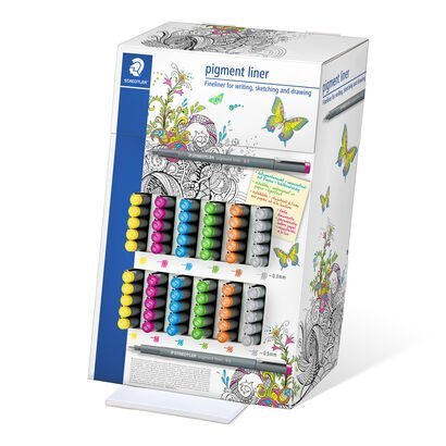 Counter display containing 120 pigment liner in 6 colours (yellow, fuchsia, light blue, light green, light brown, grey), assorted 2 line widths (0.3, 0.5)