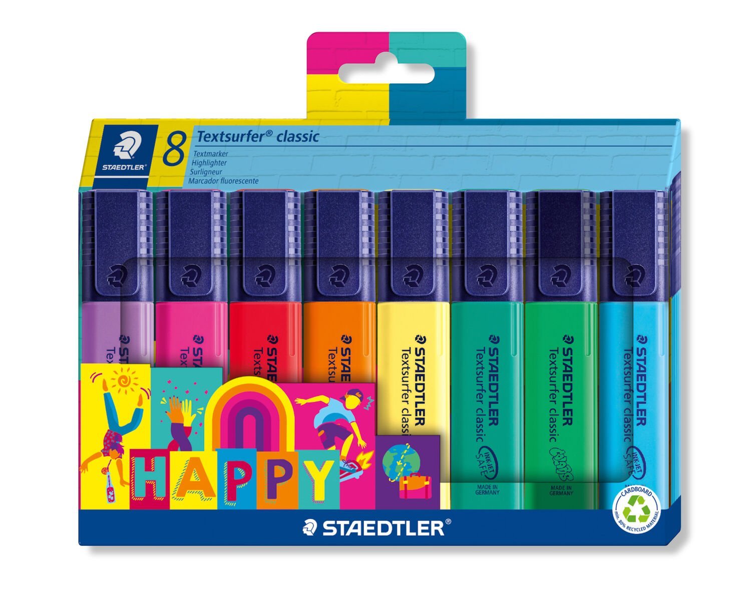 Etui carton de 8 surligneurs classiques nouvelle gamme « HAPPY colours »