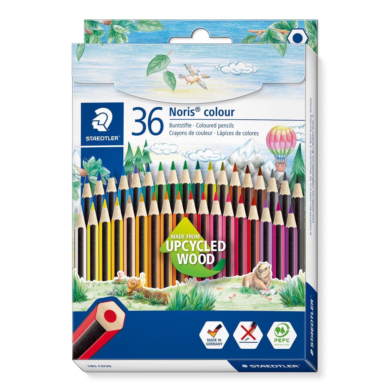 Cardboard box containing 36 coloured pencils in assorted colours