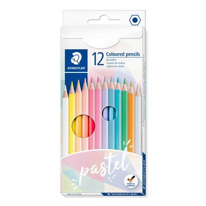 Cardboard box containing 12 coloured pencils in powdery colours, Pastel trend line