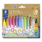 Cardboard box containing 12 Noris jumbo fibre-tip pens in assorted colours