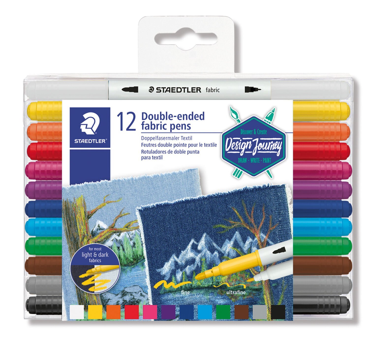 Emballage portefeuille contenant 5 feutres à double pointe pour le textile aux couleurs assorties