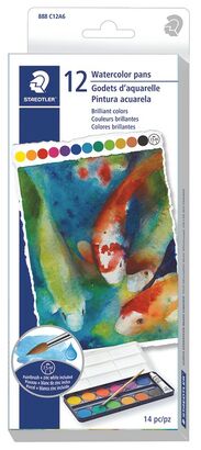 Cardboard box containing a watercolor pan set, 12 assorted colours