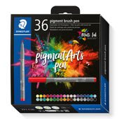 Cardboard box containing 36 fibre-tip pens with brush nib in assorted colours