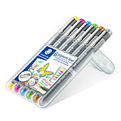 STAEDTLER box containing 6 pigment liner in assorted colours (yellow, fuchsia, light blue, light green, light brown, grey), line width approx. 0.5 mm