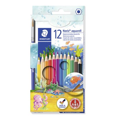 Cardboard box containing 12 watercolour pencils in assorted colours and 1 paint brush