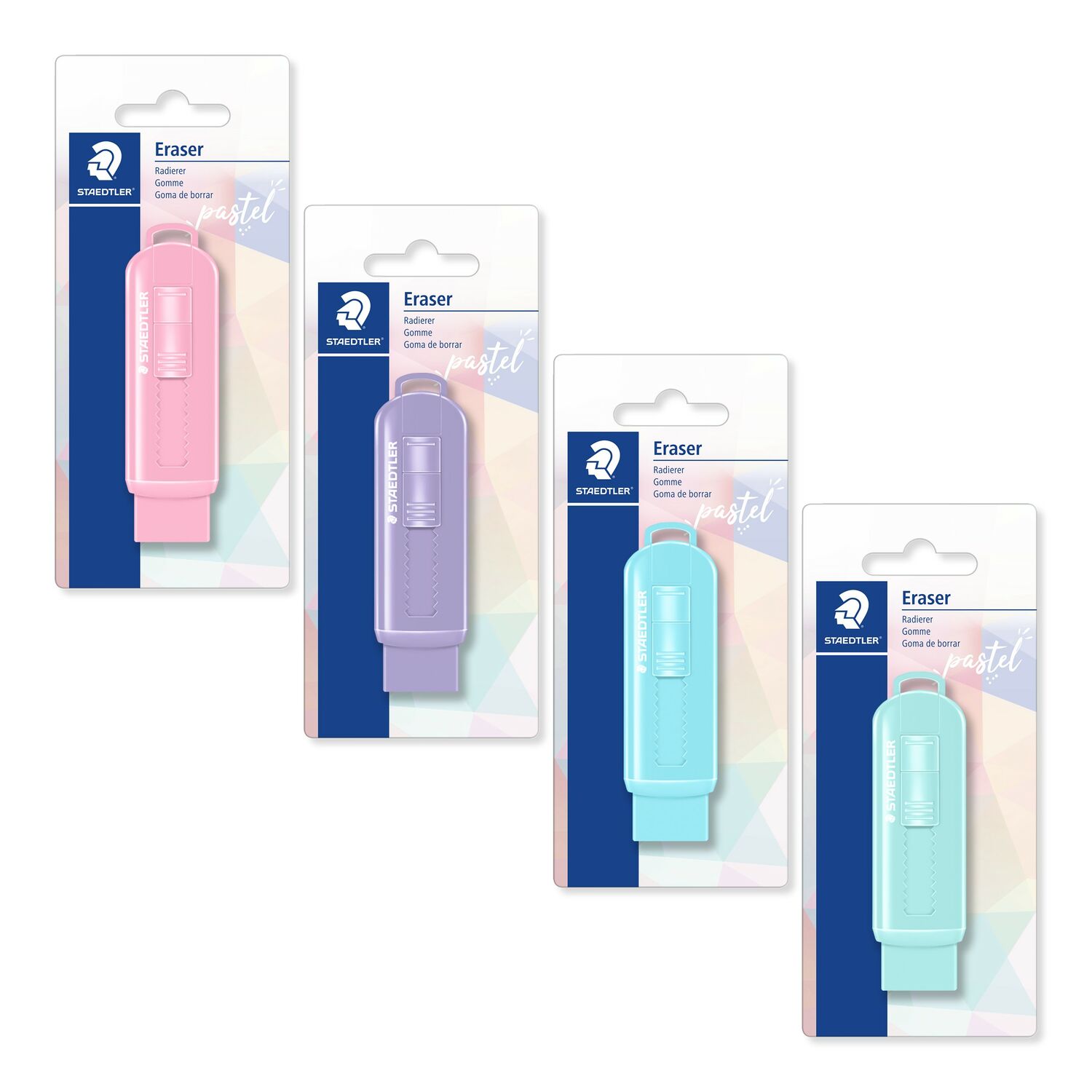 Blistercard containing 1 eraser in 4 assorted pastel colours