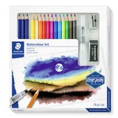 STAEDTLER® 146 10C Kartonetui mit 3 wasservermalbaren Bleistiften in sortierten Härtegraden, 12 wasservermalbaren Farbstiften in sortierten Farben, 1 Wasserpinsel, 1 Radierer und 1 Metallspitzer