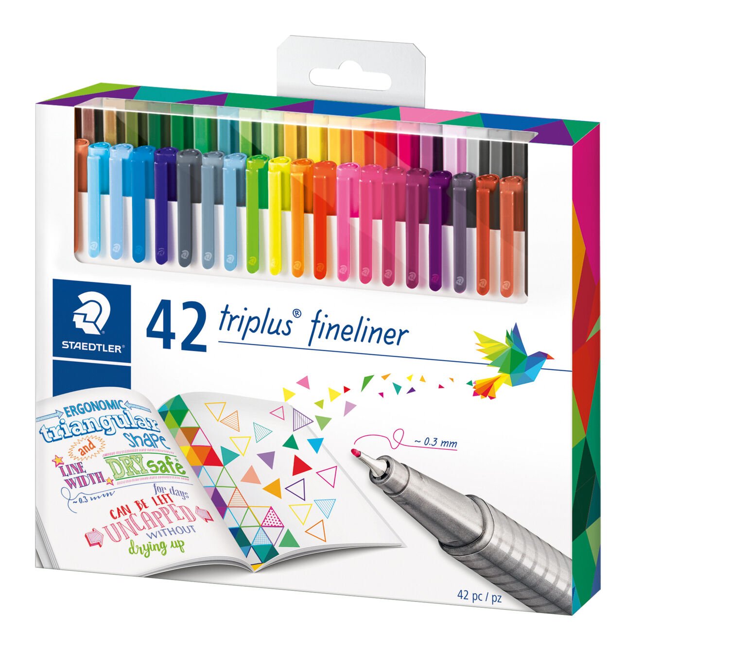 Cardboard box containing 42 triplus fineliner in assorted colours