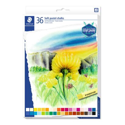 Cardboard box containing 36 soft pastel chalks in assorted colours