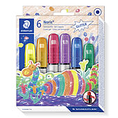 Cardboard box containing 6 gel crayons in assorted metallic colours