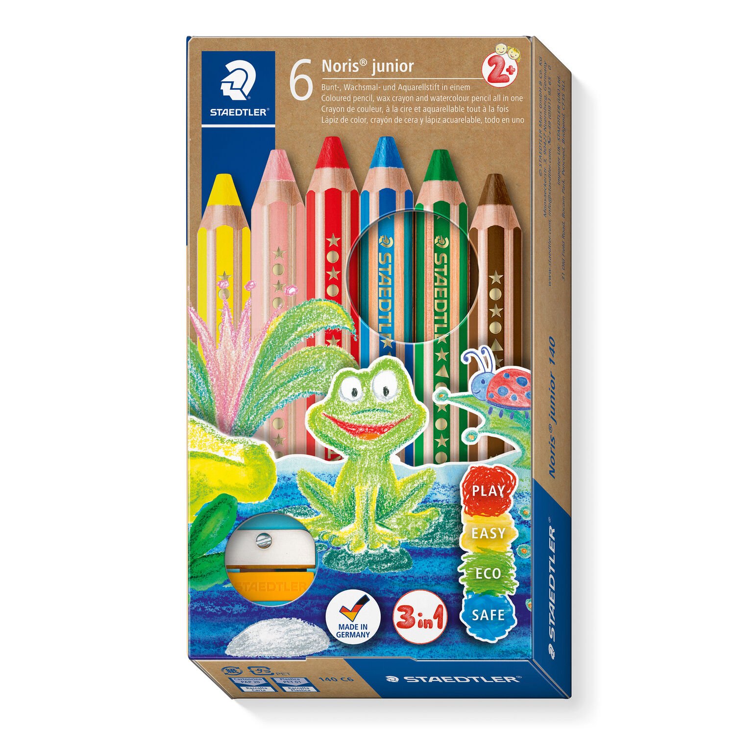 Caixa contendo 6 lápis de cor em cores sortidas e 1 apontador