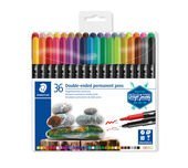 Embalagem contendo 36 canetas permanentes duplas em cores sortidas