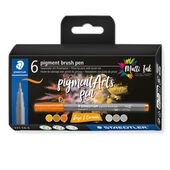 Cardboard box containing 6 fibre-tip pens with brush nib in assorted colours
