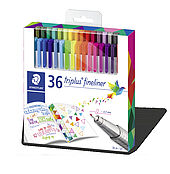 Cardboard box containing 36 triplus fineliner in assorted colours