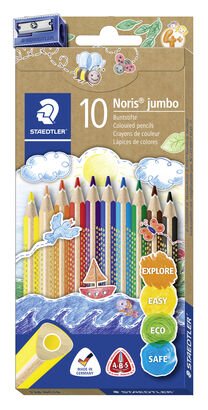 Cardboard box containing 10 coloured pencils in assorted colours and 1 sharpener