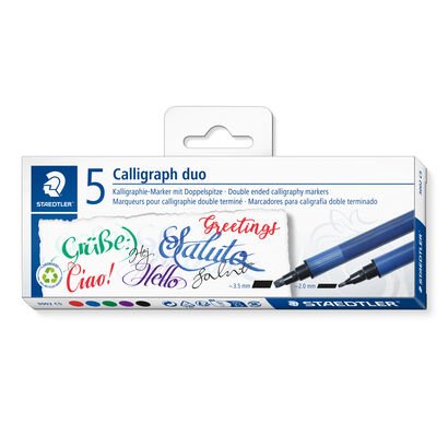 Cardboard box containing 5 Calligraph duo in assorted colours