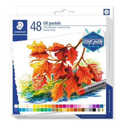 Cardboard box containing 48 oil pastels in assorted colours