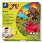 Set "Dino" containing 4 blocks à 42 g (red, light brown, brown, green), modelling stick, step-by-step instructions, cut out templates, playing surface, stickers