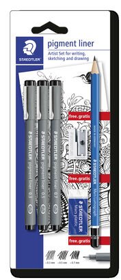 Blisterkarte mit 3 pigment liner schwarz in sortierten Linienbreiten (0.3, 0.5, 0.7) und 1 Radierer Mars plastic 526 53, 1 Spitzer 510 10, 1 Bleistift 100-2B gratis