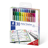 Cardboard box containing 30 triplus fineliner in assorted colours, 24 + 6 promotion