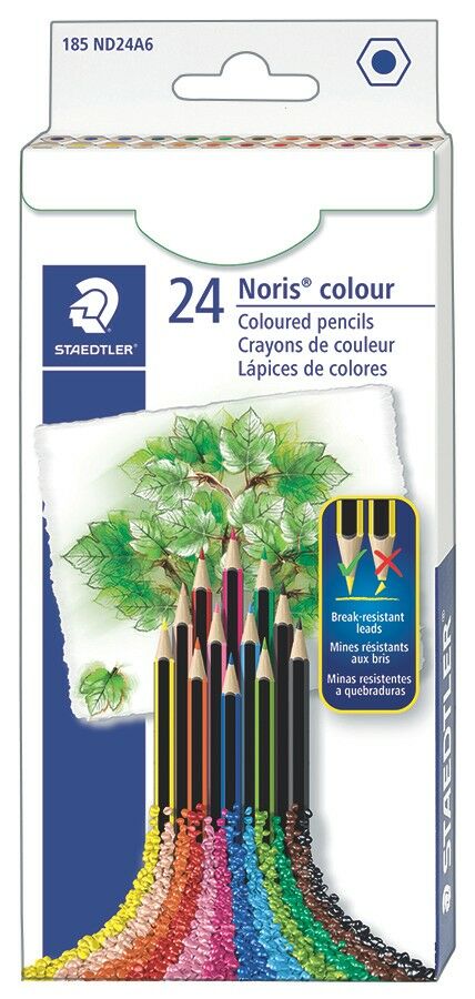 Cardboard box containing 24 coloured pencils in assorted colours