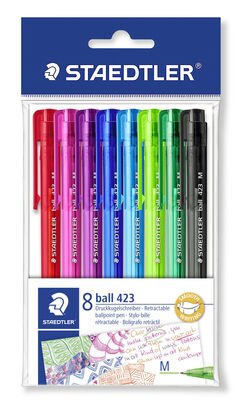 Plastic bag containing 8 ball point pens in assorted writing colours, line width M
