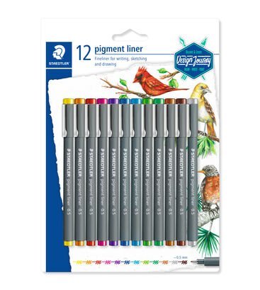 Blistercard containing 12 pigment liner in assorted colours (yellow, orange, red, fuchsia, violet, blue, light blue, light green, green, light brown, brown, grey), line width approx. 0.5 mm