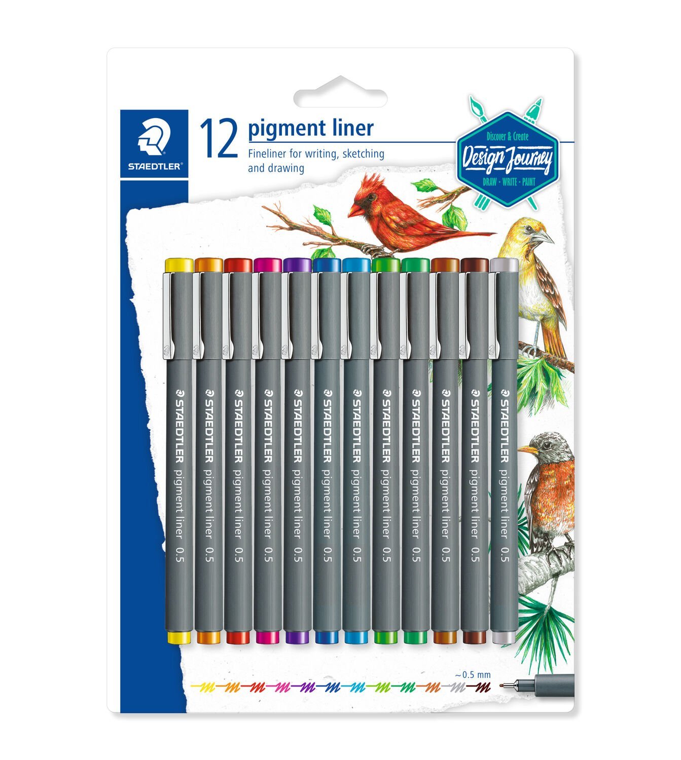 Blister contendo 12 pigment liner em cores sortidas (amarelo, laranja, vermelho, fúcsia, violeta, azul, azul claro, verde claro, verde, marrom claro, marrom, cinza), largura de linha: aproximadamente 0,5 mm