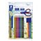 Blistercard containing 10 coloured pencils in assorted colours, 2 graphite pencils, 4 fibre-tip pens in assorted colours, 1 eraser, 1 sharpener and 1 pair of hobby scissors.