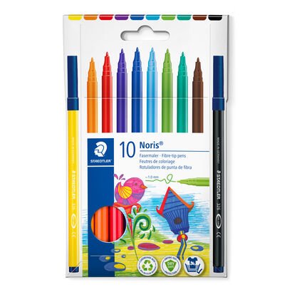 Caixa de cartão com 10 marcadores de ponta de fibra em várias cores