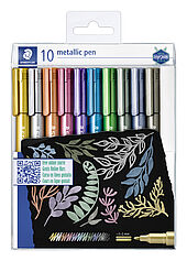 Transparent box containing 10 metallic pen in assorted colours