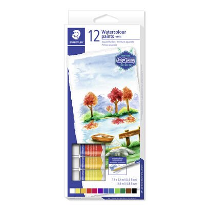 Cardboard box containing 12 watercolour paints in assorted colours