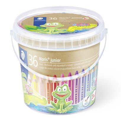 Bucket containing 36 coloured pencils in 18 assorted colours and 3 sharpeners