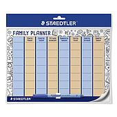 Plastic bag containing 1 Lumocolor family planner, 1 Lumocolor correctable 305 F in blue and adhesive pen holder