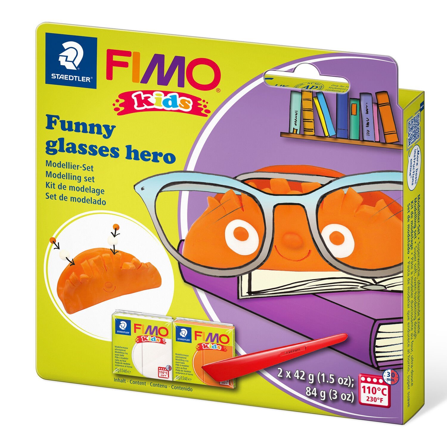 FIMO® kids 8035 - Oven-bake modelling clay Set "glasses hero" containing 2 blocks à 42 g (white, orange), modelling stick