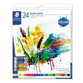 Cardboard box containing 24 acrylic paints in assorted colours