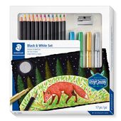 Cardboard box containing 12 super soft coloured pencils and 4 metallic markers both in assorted colours and 1 metal sharpener