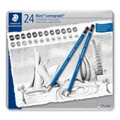 Caixa metálica com 24 lápis de desenho em vários graus